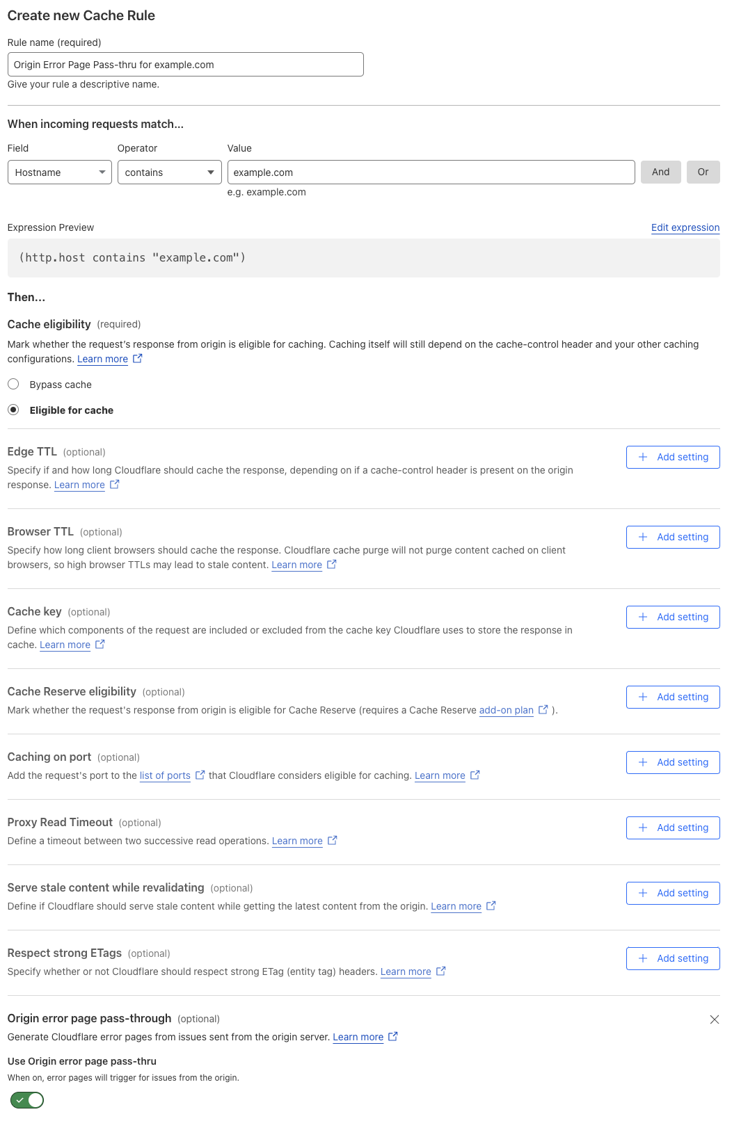 Cache rule matching the &lsquo;Origin Error Page Pass-thru > On&rsquo; setting of the example Page Rule